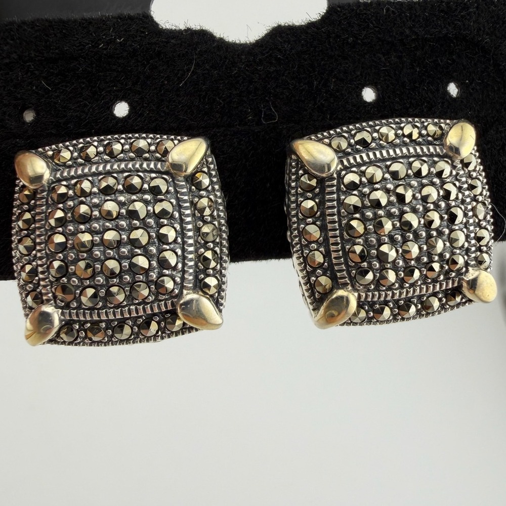 MARC 925 Stirling Silver Square Marcasite Omega Back Stud Earrings